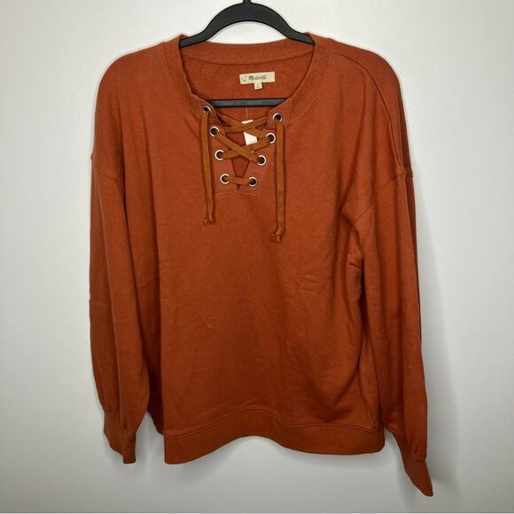 NWT MADEWELL Cotton Hemp Lace Up Sweatshirt Orange Rust Large - Picture 2 of 6